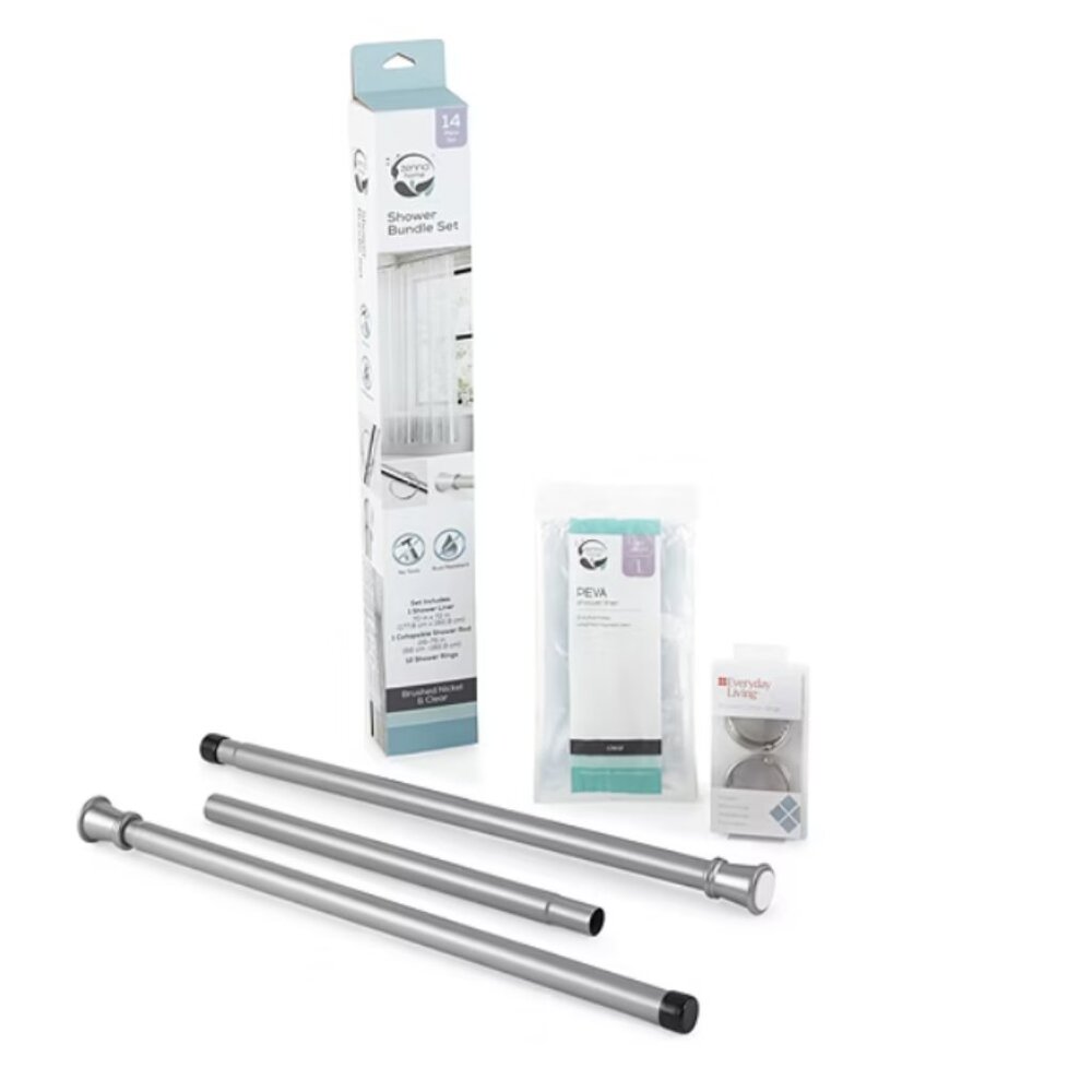 NWT Zenna Home 14 Piece Shower Rod Bundle Set Curtain Rings 70-72 In $50 FLD238